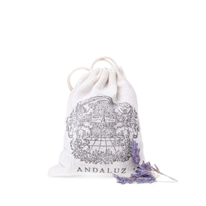 andaluz skincare lavender sachet in white cotton bag with andaluz logo with fresh lavender flowers