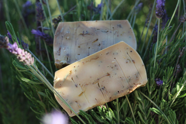 two bars of hand made andaluz skincare olive oil soap in a bed of purple lavender flowers