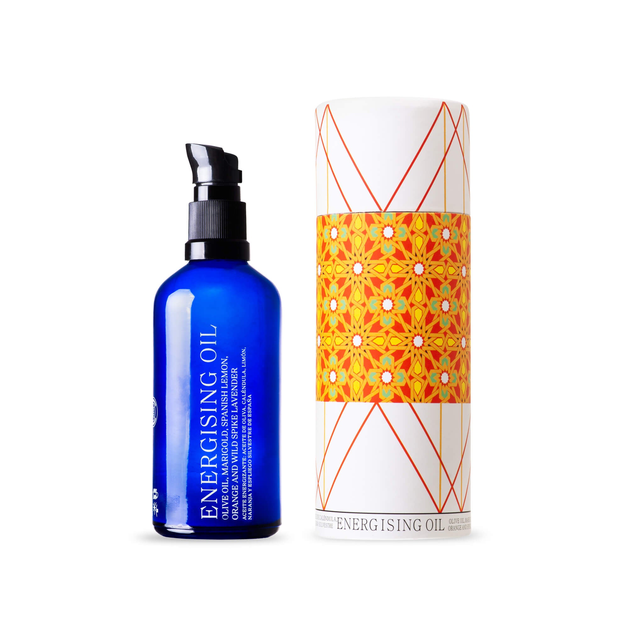 andaluz skincare energising oil in a bright blue glass bottle with a black cap and a white round box with yellow flowers.  the box design is inspired from the tiles of the Alhambra Palace in Granada, Spain.