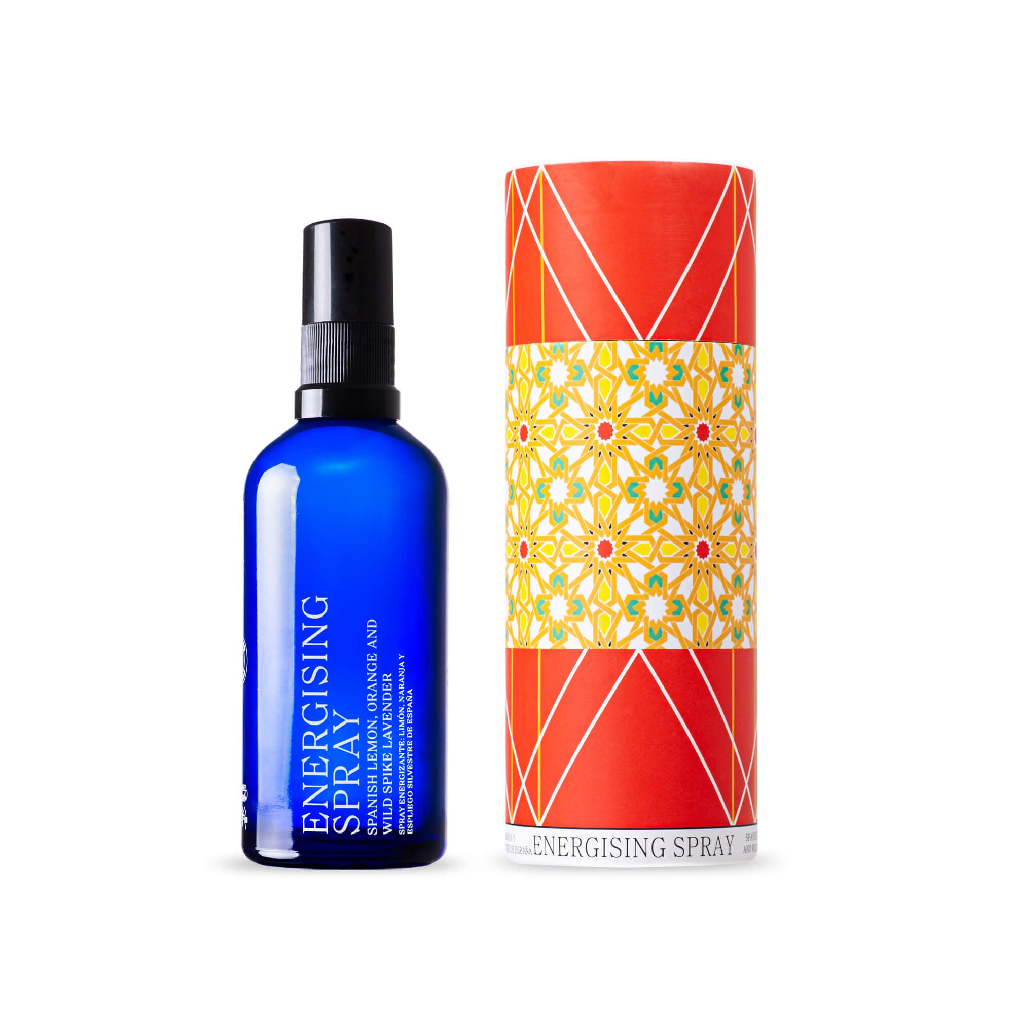 andaluz energising spray in a bright blue glass bottle with a black cap. It comes with a bright cylindrical box with spanish design inspired from the tiles at the alhambra palace in granada.