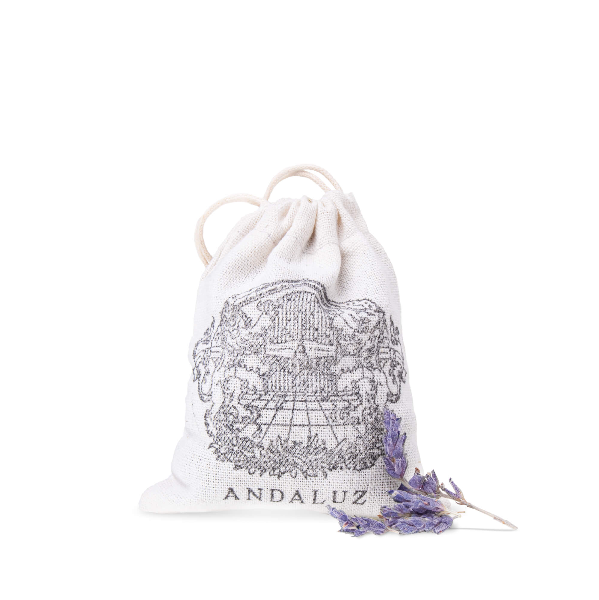andaluz skincare lavender sachet. white cotton sachet bag with pull string imprinted with andaluz logo. filled with organic, hand grown lavender from andalusia, spain
