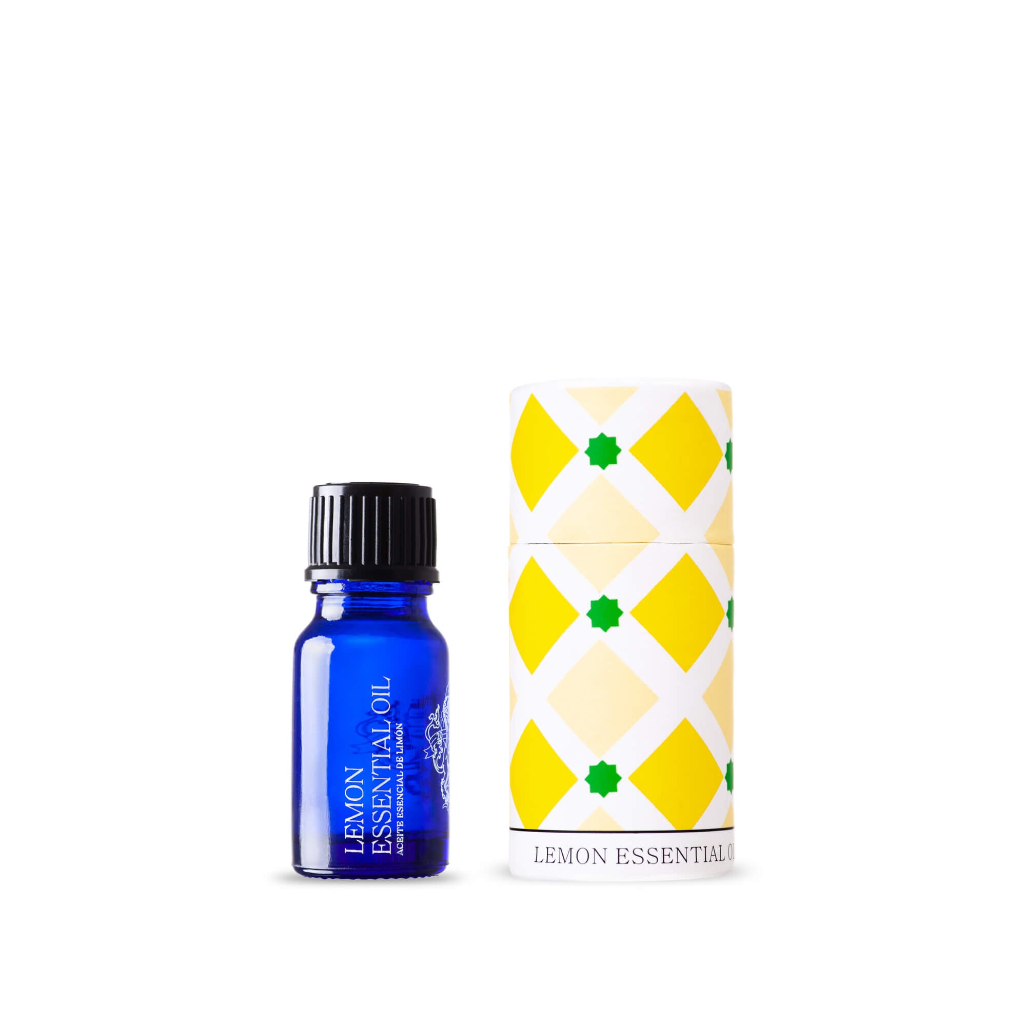ANDALUZ Skincare Lemon Essential Oil - made with 100% eco spanish lemons. Ecocert and USDA certified organic. it comes in a bright blue 10 milliliter glass bottle and a black lid. it also has its own colorful round box with yellow designs that are inspired from the tiles at the alhambra palace in granada spain. 