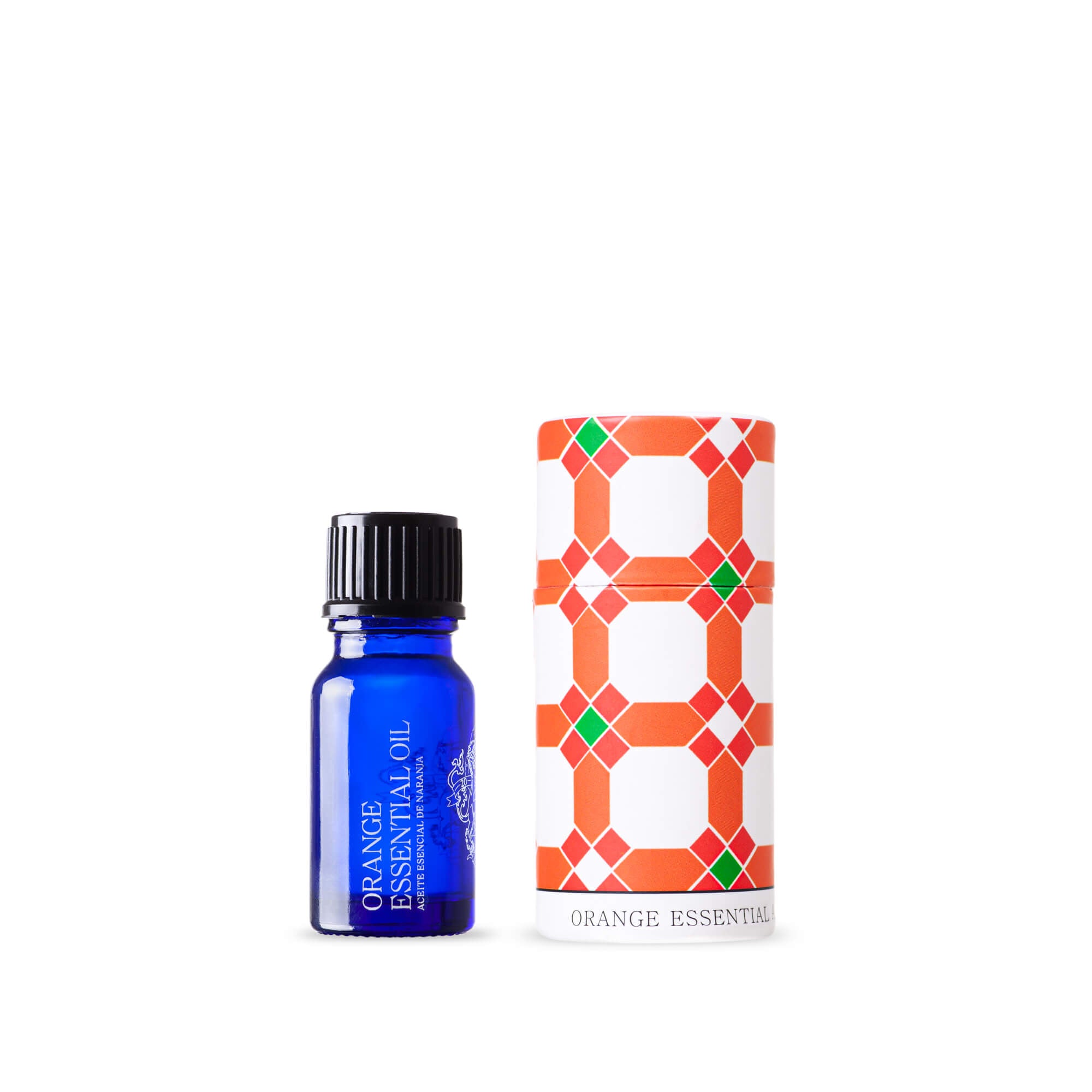 andaluz skincare orange essential oil. bright blue glass 10 milliliter bottle with a black cap. it comes in a brightly colored round box with a lid. the design is inspired from the tiles at the alhambra palace in granada spain