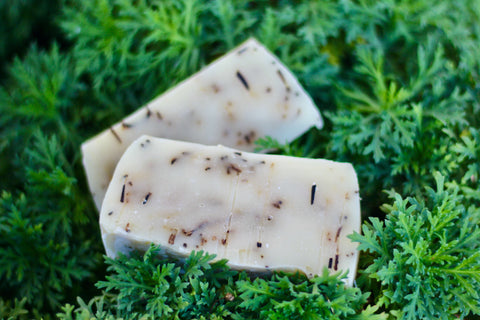 handmade rosemary bar soap, cream color soap with flecks of dried rosemary in a green leafy background